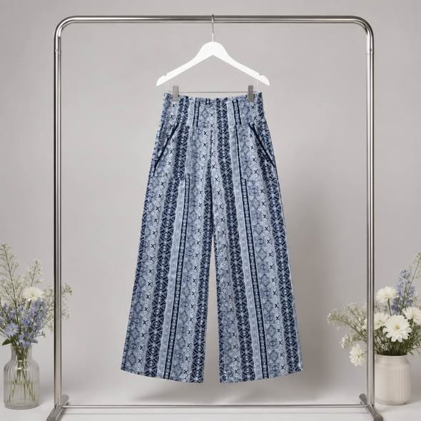 Women's Blue Boho Print Wide Leg Palazzo Pants Size S Elastic Waist