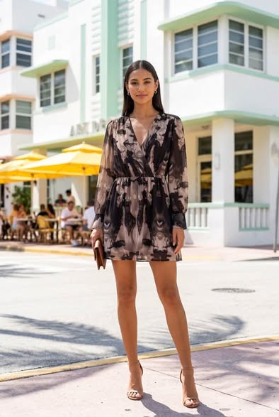 Fashion Fuse Women's Long Sleeve Surplice Dress Black Beige Floral Print Size M