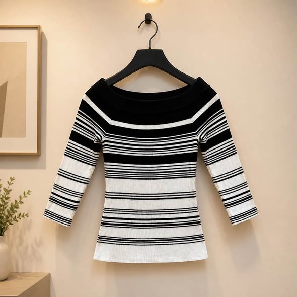 White House Black Market Women's Striped Knit Top Medium Black White Off Shoulder