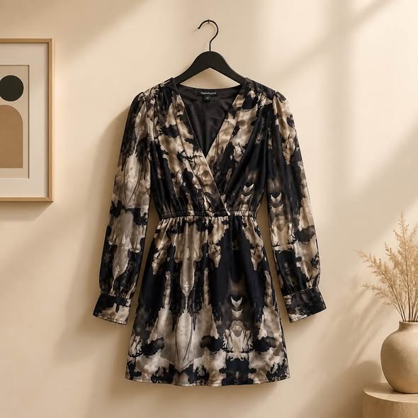 Fashion Fuse Women's Long Sleeve Surplice Dress Black Beige Floral Print Size M