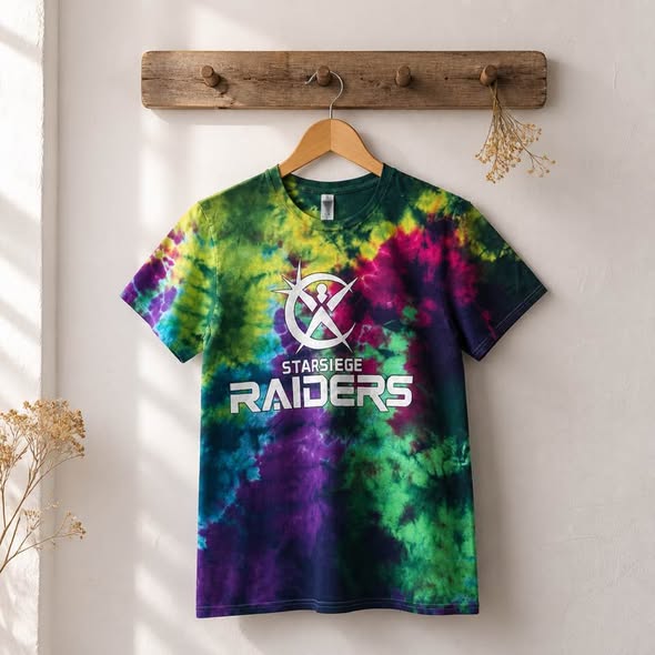 Starsiege Raiders Tie Dye Graphic T-Shirt Men's Medium Gildan Softstyle Short Sleeve