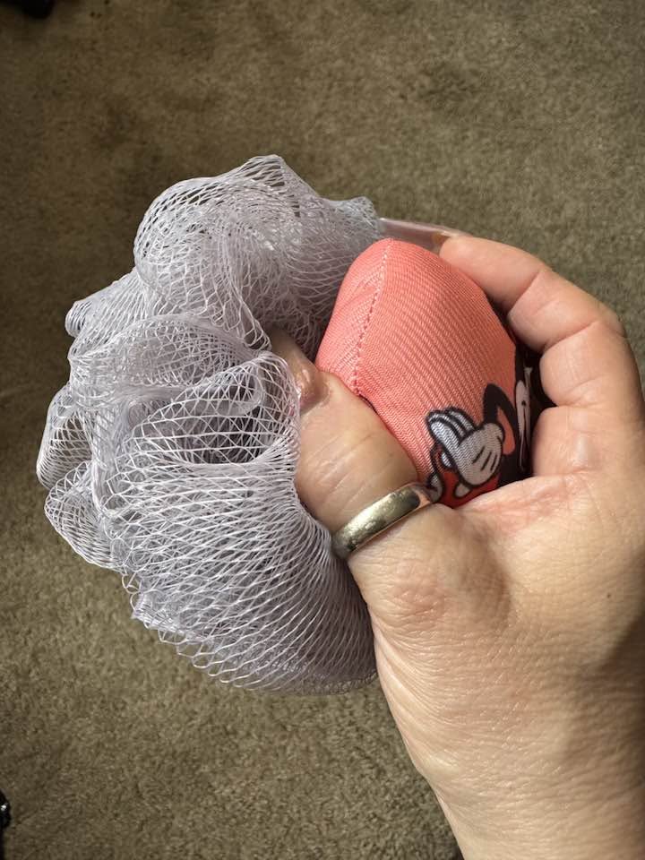 Gray Mesh Bath Loofah with Character Grip Handle | Soft Exfoliating Bath Sponge