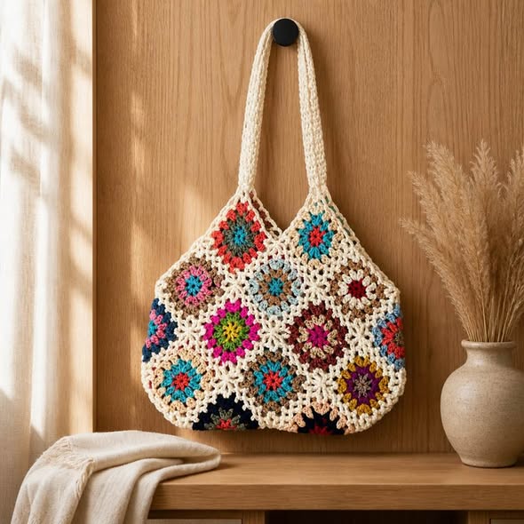 Handmade Crochet Granny Square Tote Bag Boho Shoulder Bag Market Beach New