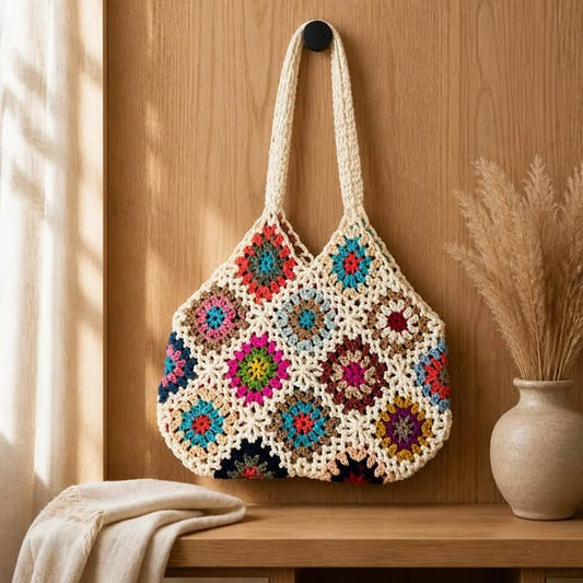 Handmade Crochet Granny Square Tote Bag Boho Shoulder Bag Market Beach New - Beauty&Beyond