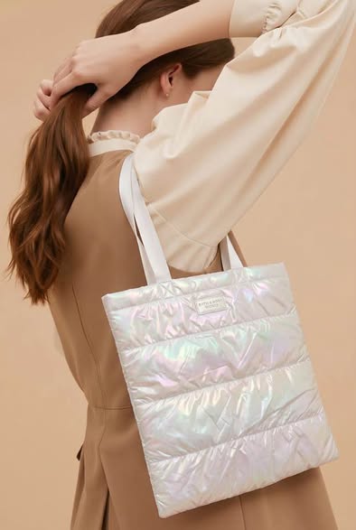 Iridescent White Quilted Puffer Tote Bag Large New 18.5"x16.5"