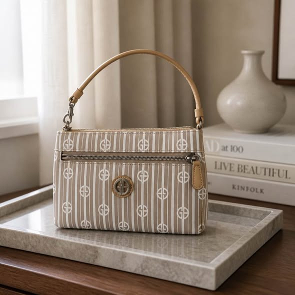 Women's Mini Handbag Beige Monogram Print Top Handle Purse