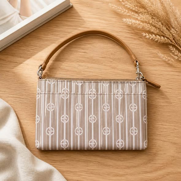 Women's Mini Handbag Beige Monogram Print Top Handle Purse