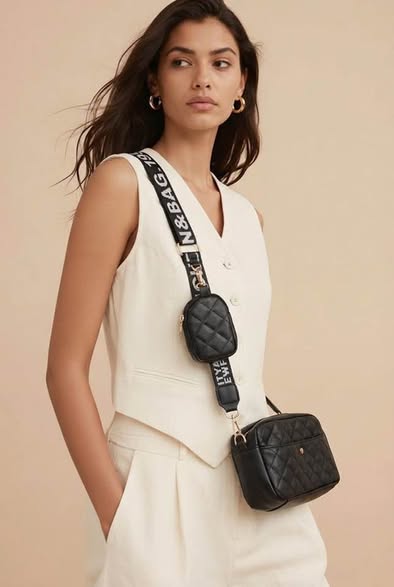 Black Quilted Crossbody Bag Wide Logo Strap Coin Pouch Purse Preowned