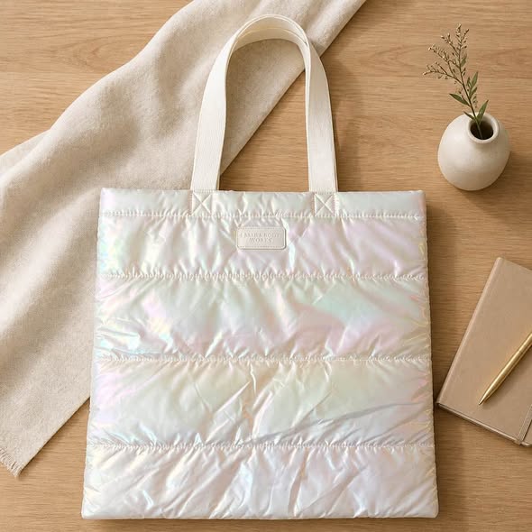 Iridescent White Quilted Puffer Tote Bag Large New 18.5"x16.5"