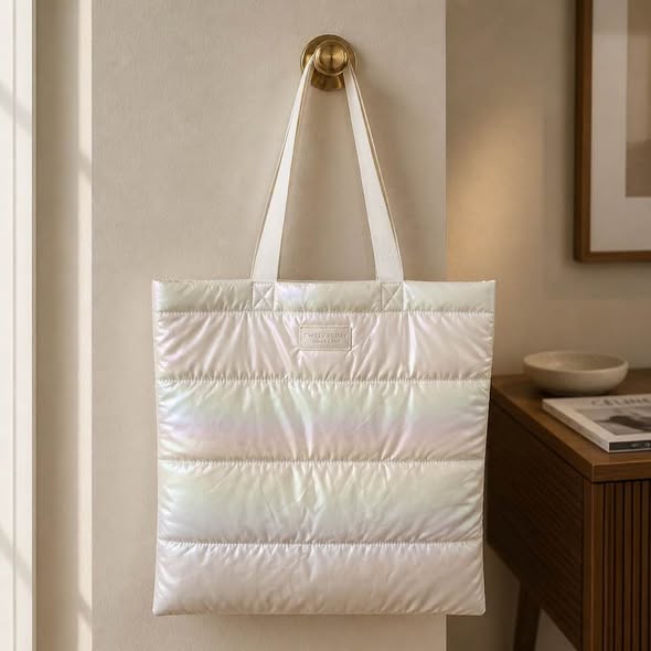 Iridescent White Quilted Puffer Tote Bag Large New 18.5"x16.5"