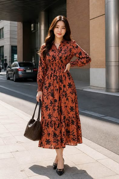 Women’s Rust Orange Black Floral Maxi Dress Size Medium