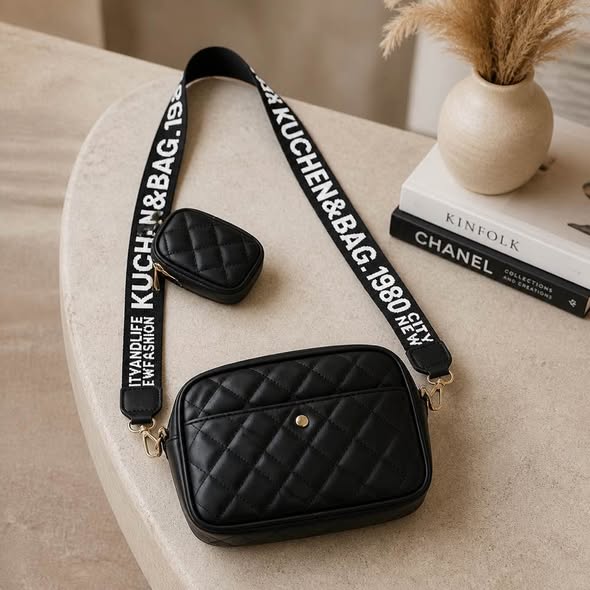 Black Quilted Crossbody Bag Wide Logo Strap Coin Pouch Purse Preowned
