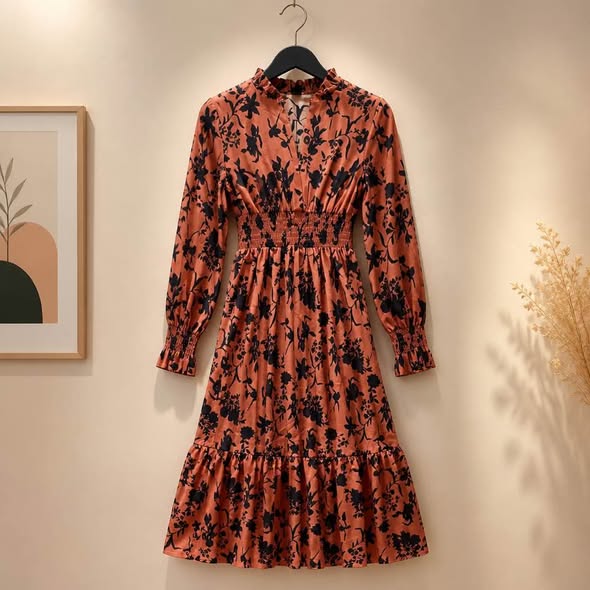 Women’s Rust Orange Black Floral Maxi Dress Size Medium