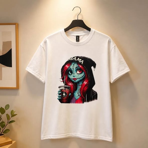 Mama Stitched Doll Horror Graphic T-Shirt White Gildan Size L Handmade New