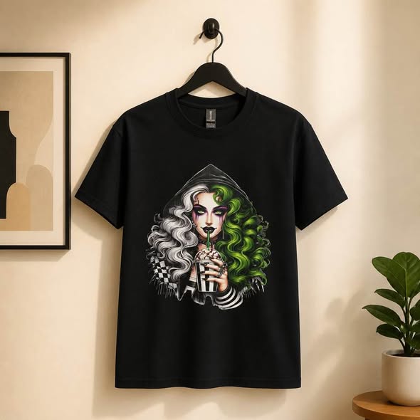 Gothic Glam Girl T-Shirt Green White Hair Spooky Drink Handmade Size S