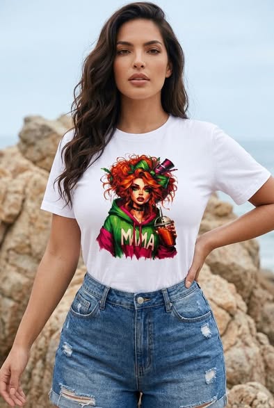 Red Mama Graphic T-Shirt Colorful Red Hair Drink Handmade White Size L