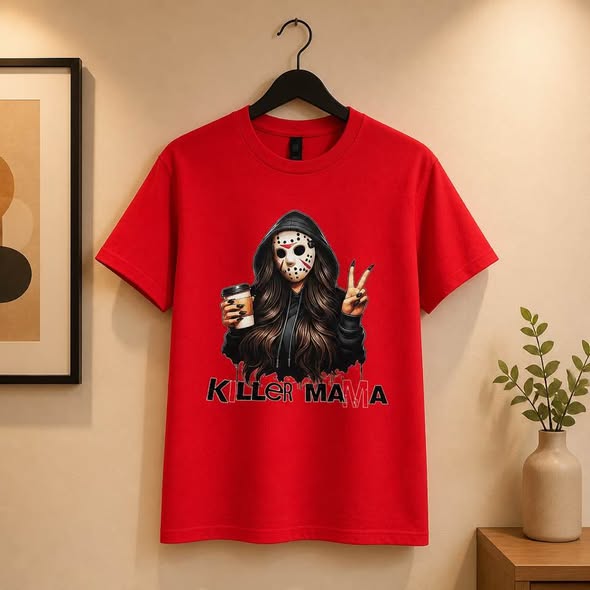 Killer Mama Jason Mask Horror Graphic T-Shirt Red Gildan Size M Handmade New