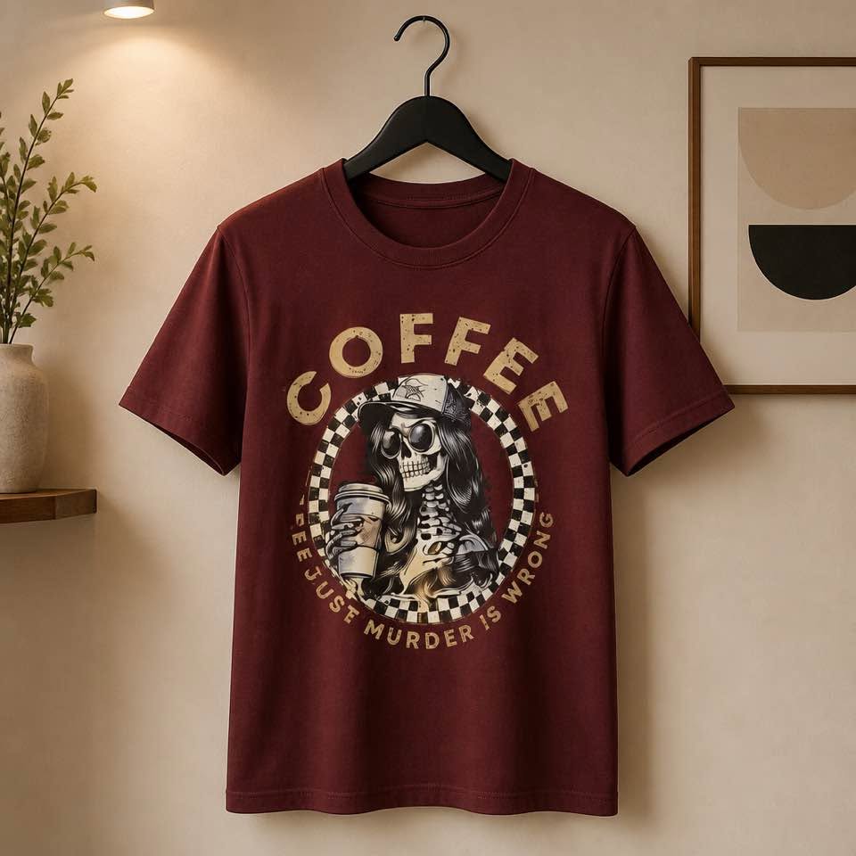 Coffee Skeleton Graphic T-Shirt Murder Is Wrong Funny Spooky Tee Size Large - Beauty&Beyond