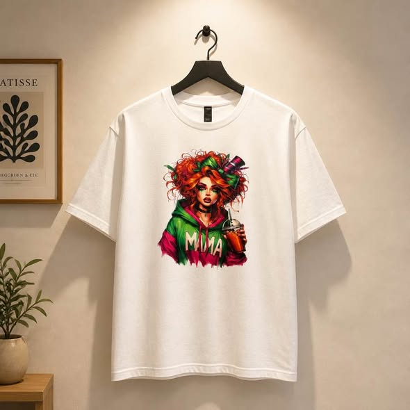 Red Mama Graphic T-Shirt Colorful Red Hair Drink Handmade White Size L