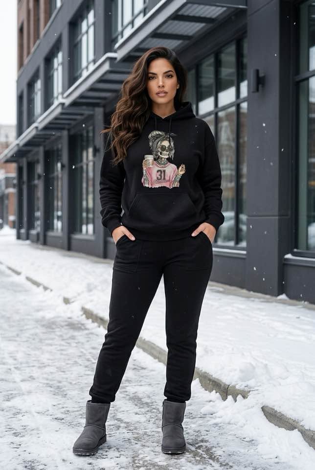 Women’s Black Graphic Hoodie Size M Skeleton Girl Coffee 31 Halloween Pullover - Beauty&Beyond
