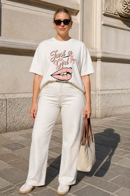 Just a Girl Graphic T-Shirt Pink Lips Bow White Gildan Women’s Size Large - Beauty&Beyond