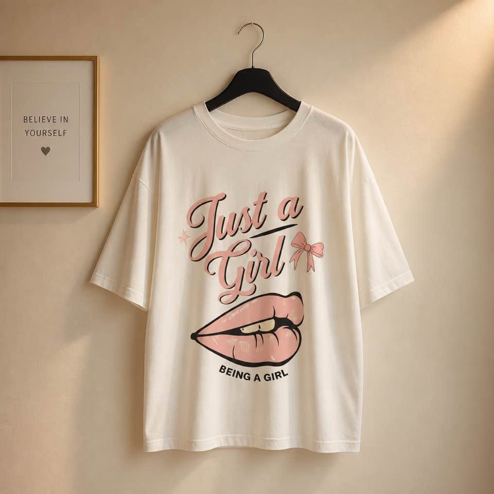 Just a Girl Graphic T-Shirt Pink Lips Bow White Gildan Women’s Size Large - Beauty&Beyond