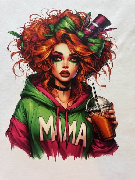 Red Mama Graphic T-Shirt Colorful Red Hair Drink Handmade White Size L