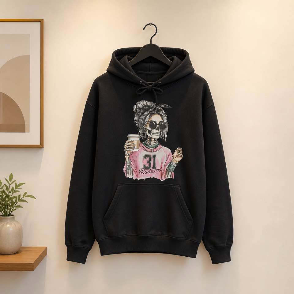 Women’s Black Graphic Hoodie Size M Skeleton Girl Coffee 31 Halloween Pullover - Beauty&Beyond