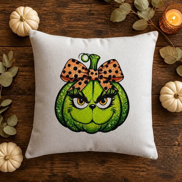 Green Halloween Pumpkin Pillow Cover 16.5” x 16.5” Orange Bow Fall Decor