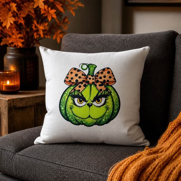 Green Halloween Pumpkin Pillow Cover 16.5” x 16.5” Orange Bow Fall Decor