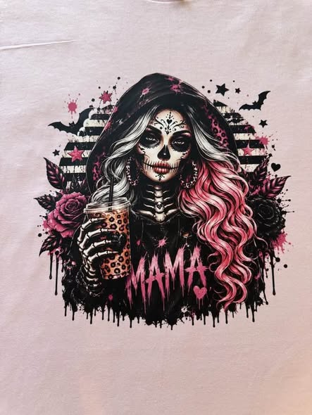 Pink Mama Halloween T-Shirt Sugar Skull Woman Graphic Tee Handmade Size Medium