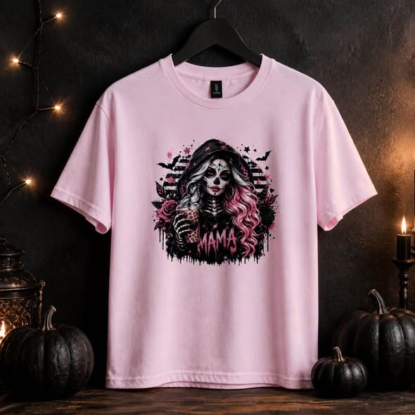 Pink Mama Halloween T-Shirt Sugar Skull Woman Graphic Tee Handmade Size Medium