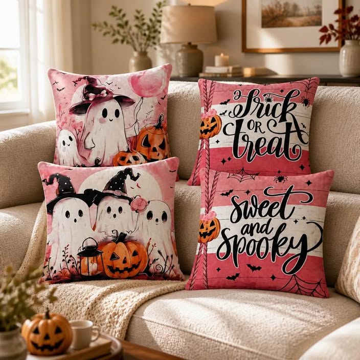 Set of 4 Pink Halloween Pillow Covers 16x16 Ghost Pumpkin Spooky Home Decor