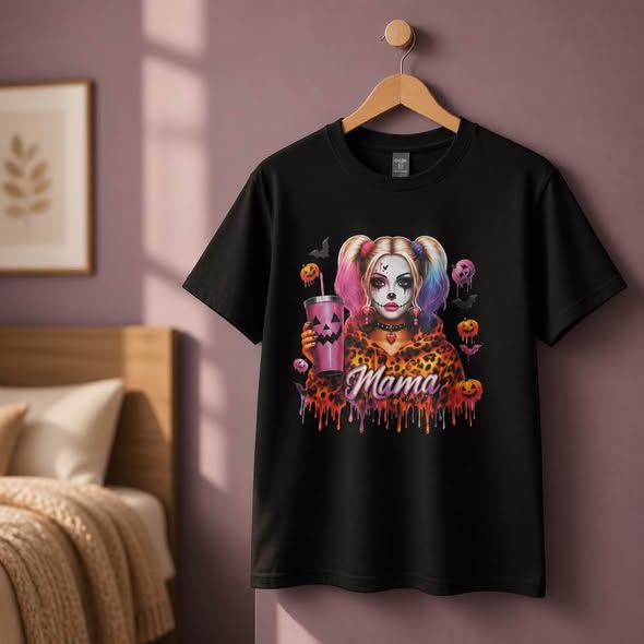 Women's Halloween Mama Graphic T-Shirt Size M Black Spooky Clown Goth Tee