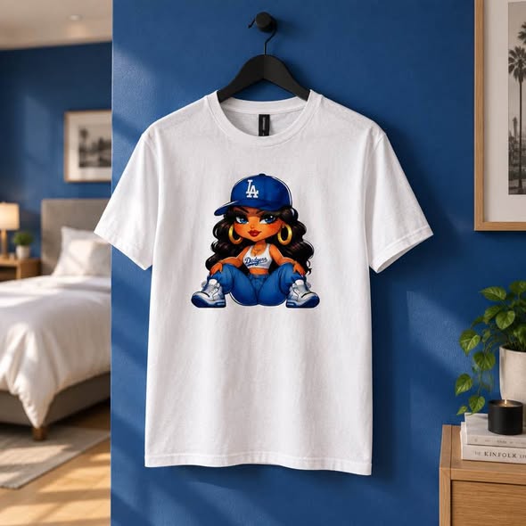 LA Baseball Girl Graphic T-Shirt – Cute Blue & White Game Day Tee – Handmade Size M