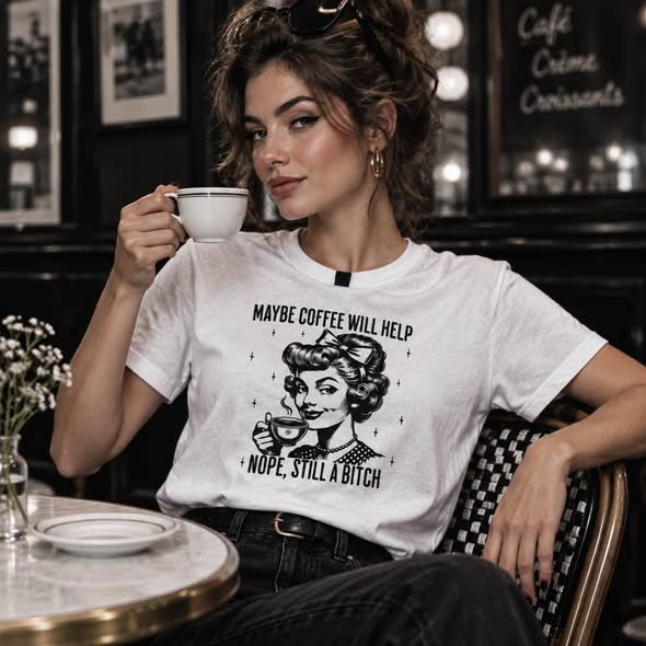 Maybe Coffee Will Help Graphic T-Shirt – Funny Sassy Retro Girl Tee – White Gildan Size Small