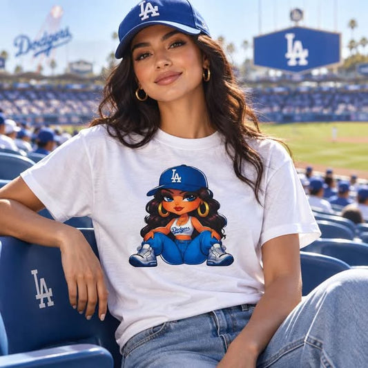 LA Baseball Girl Graphic T-Shirt – Cute Blue & White Game Day Tee – Handmade Size M - Beauty&Beyond