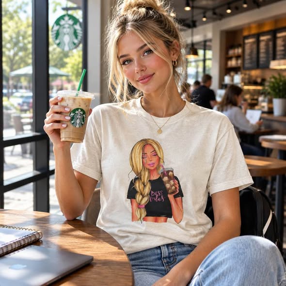 Women's Boss Vibes Graphic T-Shirt – Tan Handmade Coffee Lover Tee – Gildan Size Small