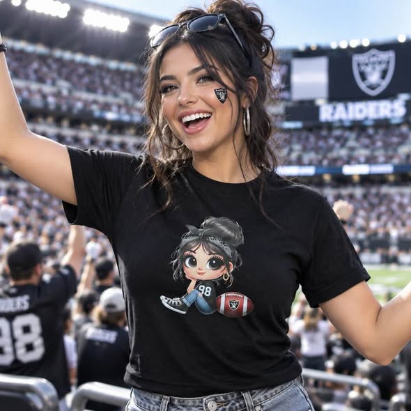 Football Girl Graphic T-Shirt – Black & Silver Game Day Fan Tee – Handmade Size Medium