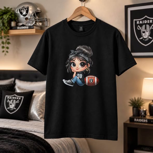 Football Girl Graphic T-Shirt – Black & Silver Game Day Fan Tee – Handmade Size Medium
