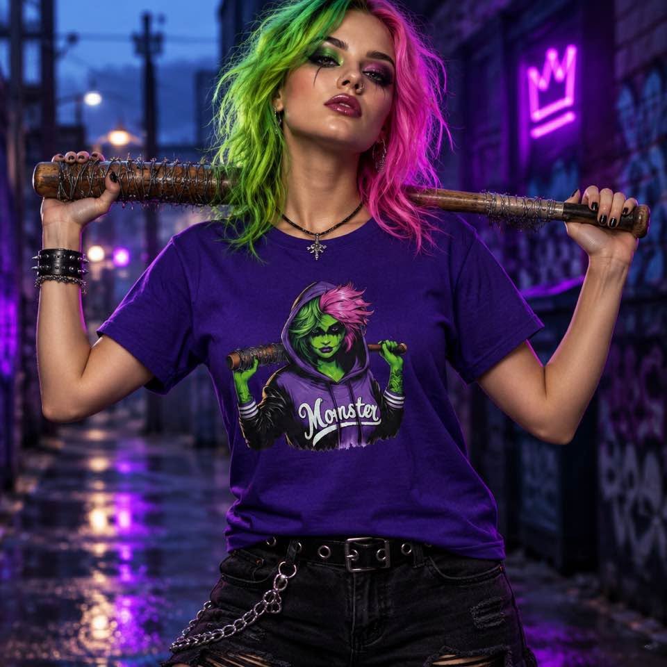 Women's Purple Monster Graphic T-Shirt Size Small Handmade Halloween Goth Punk