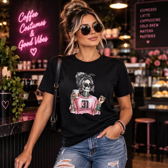 Halloween Skeleton Girl Graphic T-Shirt – Coffee Lover Handmade Gildan Tee | Size Small