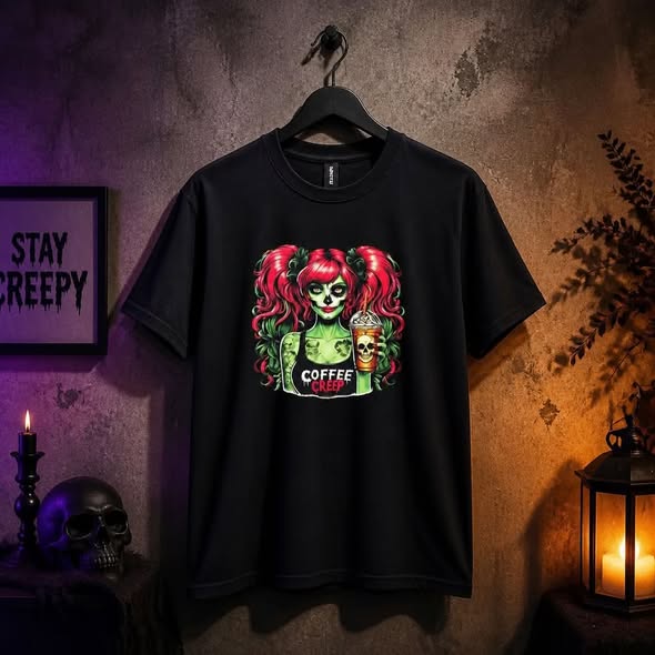 Coffee Creep Halloween Graphic T-Shirt Pink Hair Zombie Girl Coffee Tee Size Large
