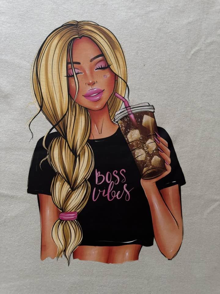 Women's Boss Vibes Graphic T-Shirt – Tan Handmade Coffee Lover Tee – Gildan Size Small