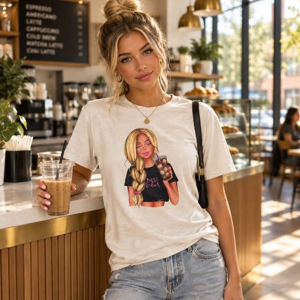 Women's Boss Vibes Graphic T-Shirt – Tan Handmade Coffee Lover Tee – Gildan Size Small