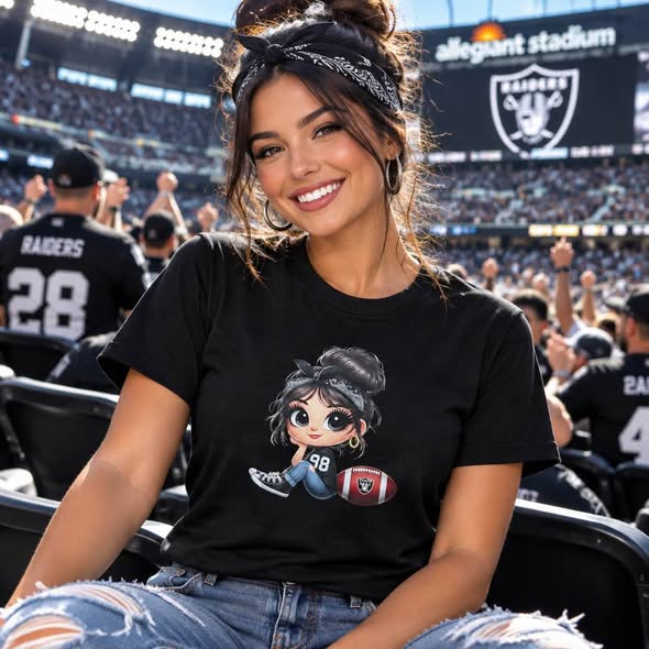 Football Girl Graphic T-Shirt – Black & Silver Game Day Fan Tee – Handmade Size Medium