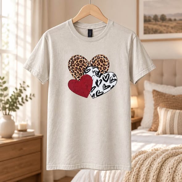 Leopard Print Hearts Graphic T-Shirt – Women's Trendy Handmade Gildan Size Small