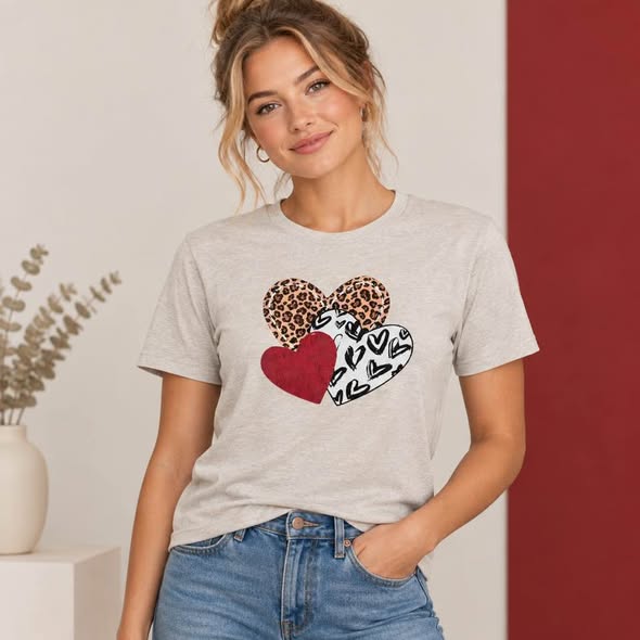 Leopard Print Hearts Graphic T-Shirt – Women's Trendy Handmade Gildan Size Small