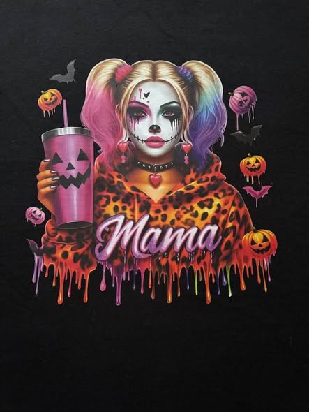 Women's Halloween Mama Graphic T-Shirt Size M Black Spooky Clown Goth Tee