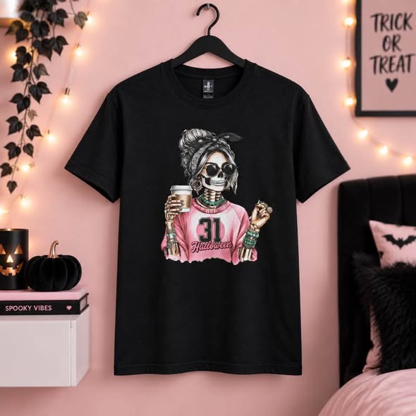 Halloween Skeleton Girl Graphic T-Shirt – Coffee Lover Handmade Gildan Tee | Size Small